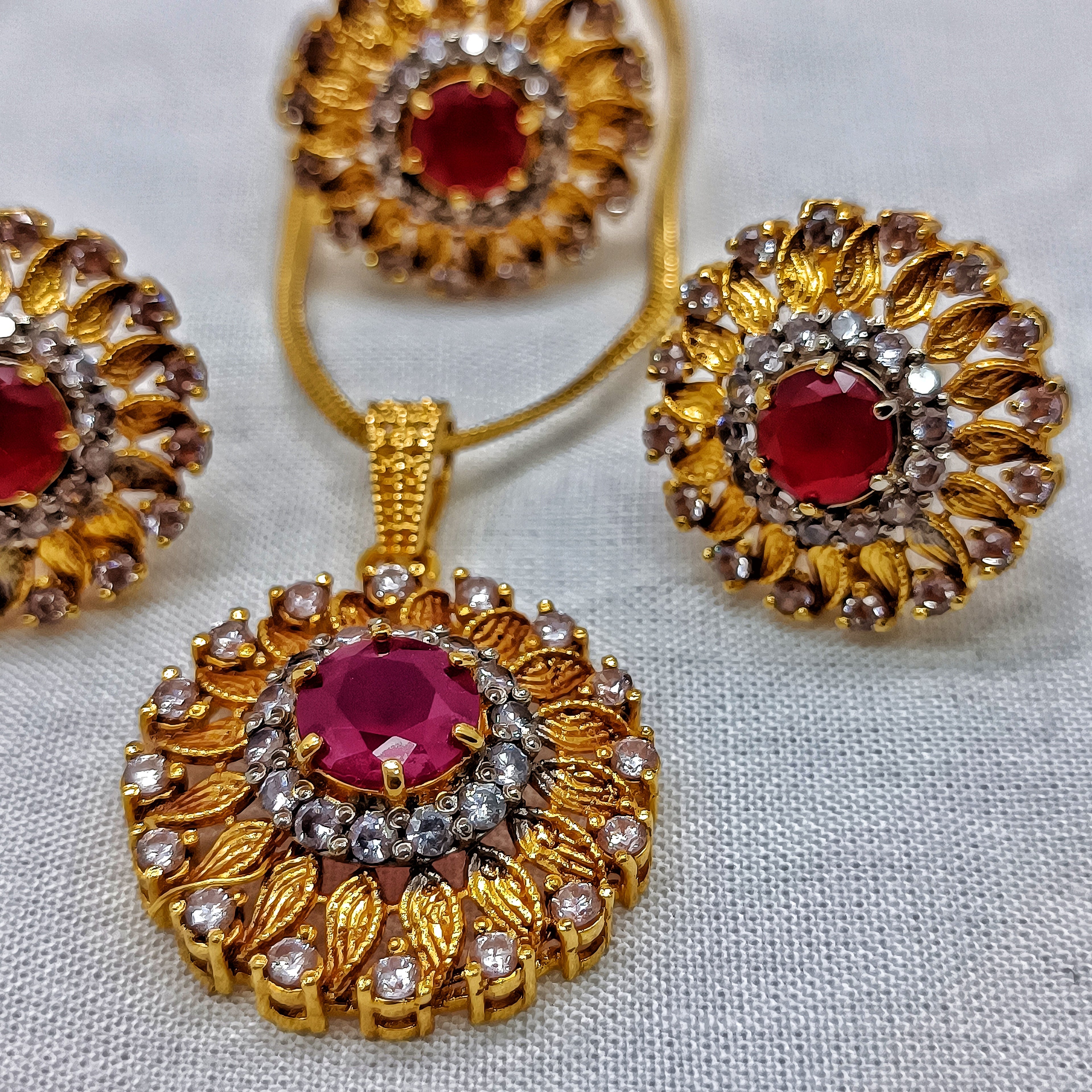 Ruby Jewelry Set with CZ Stones – Elegant Pendant and Ring Set for Women | Handmade Locket set