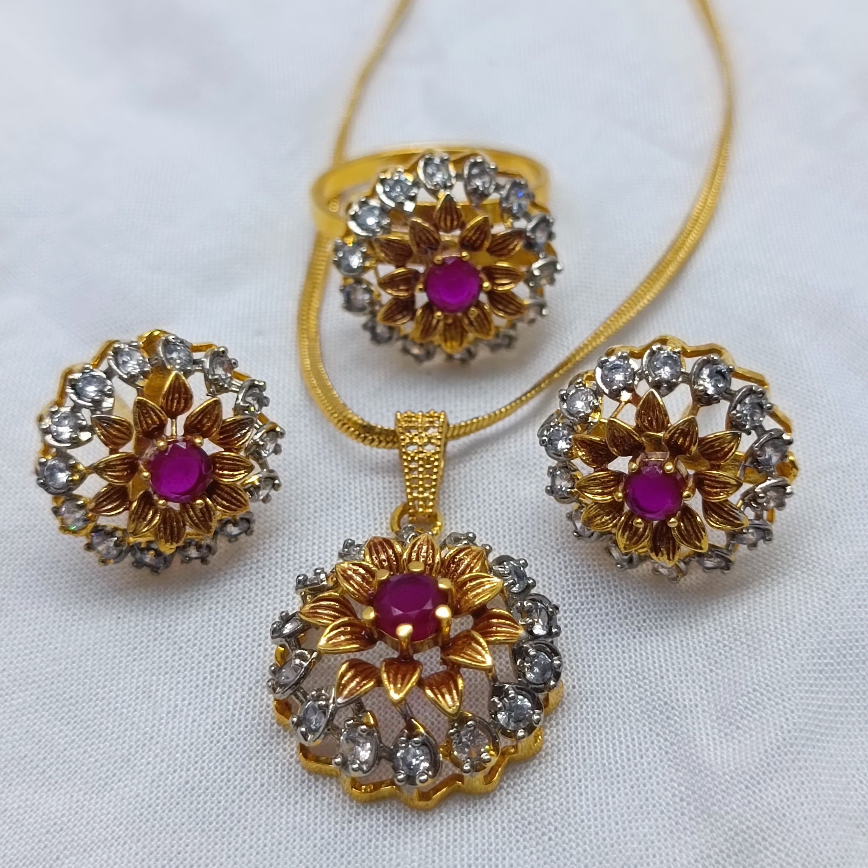 Golden  Plated Ruby & Zircon Flower Jewelry Set