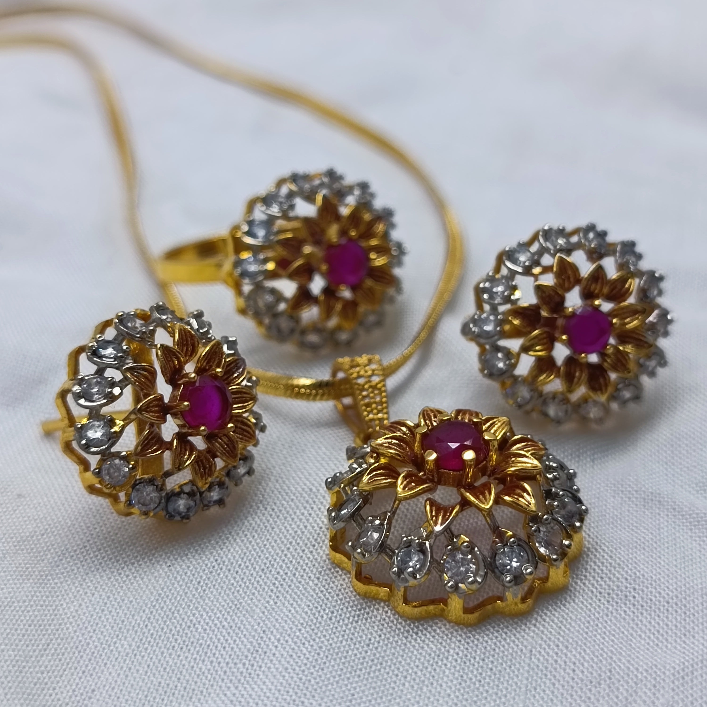 Golden  Plated Ruby & Zircon Flower Jewelry Set