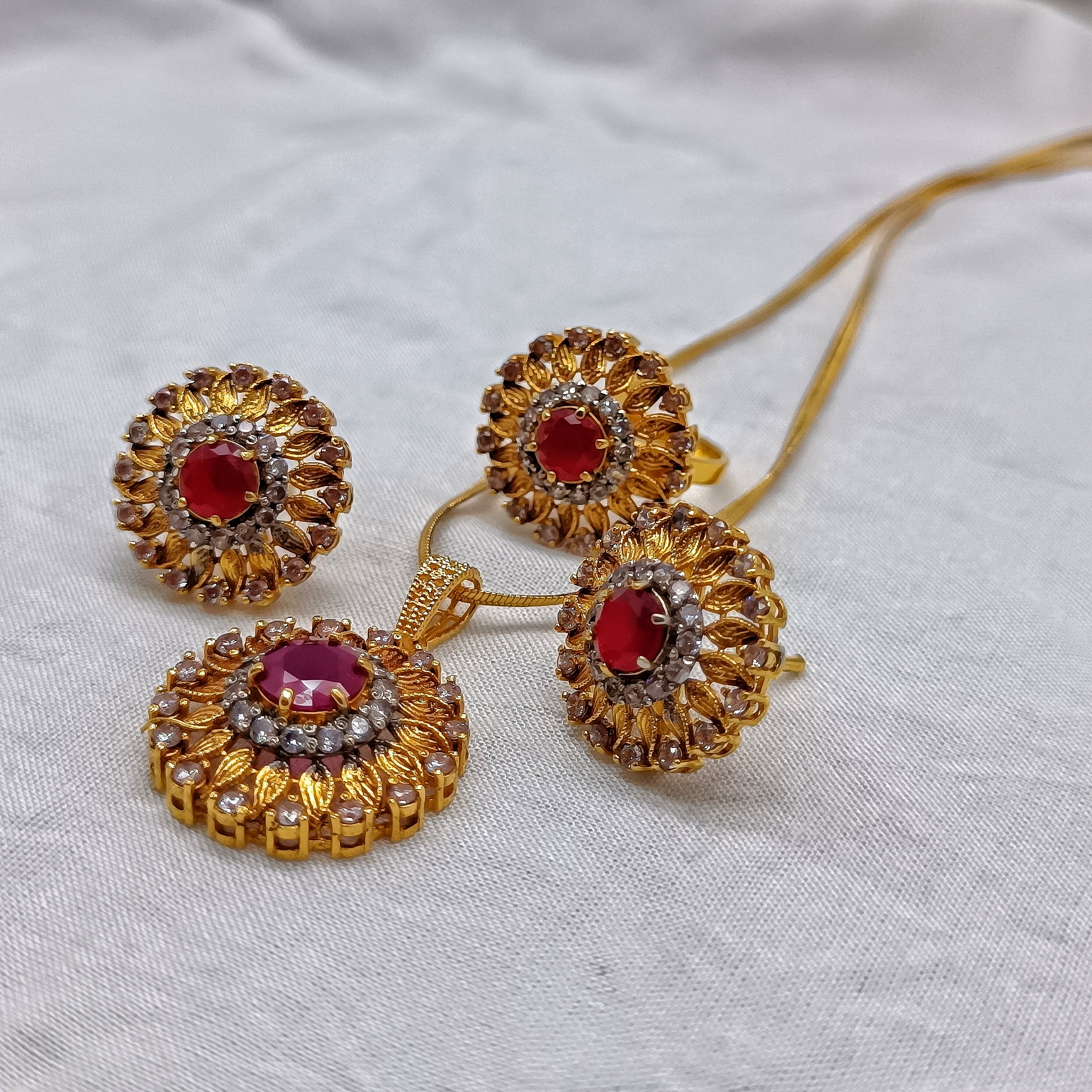 Gold Plated Ruby Jewelry Set with CZ Stones – Elegant Pendant and Ring Set for Women | Handmade Locket set