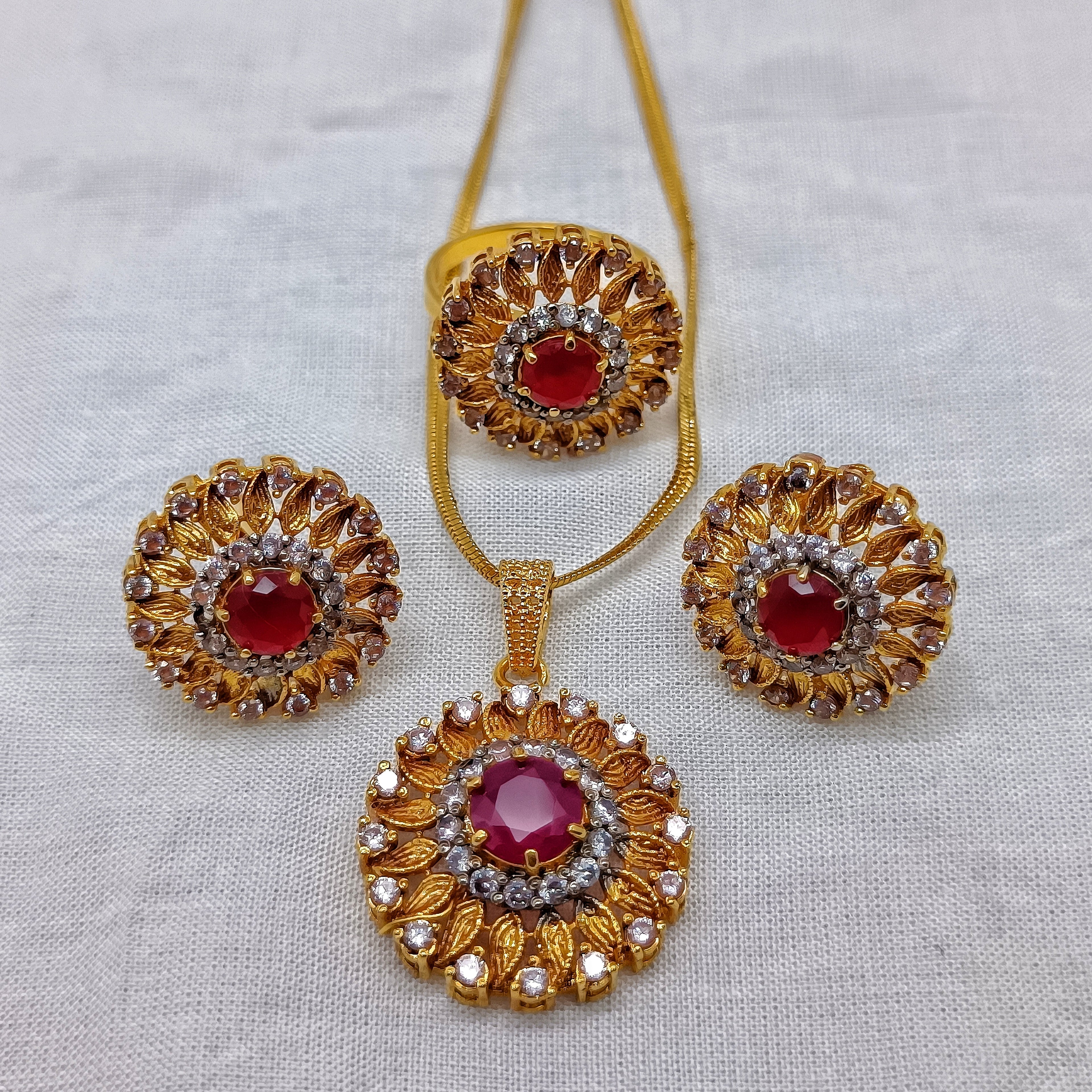 Gold Plated Ruby Jewelry Set with CZ Stones – Elegant Pendant and Ring Set for Women | Handmade Locket set