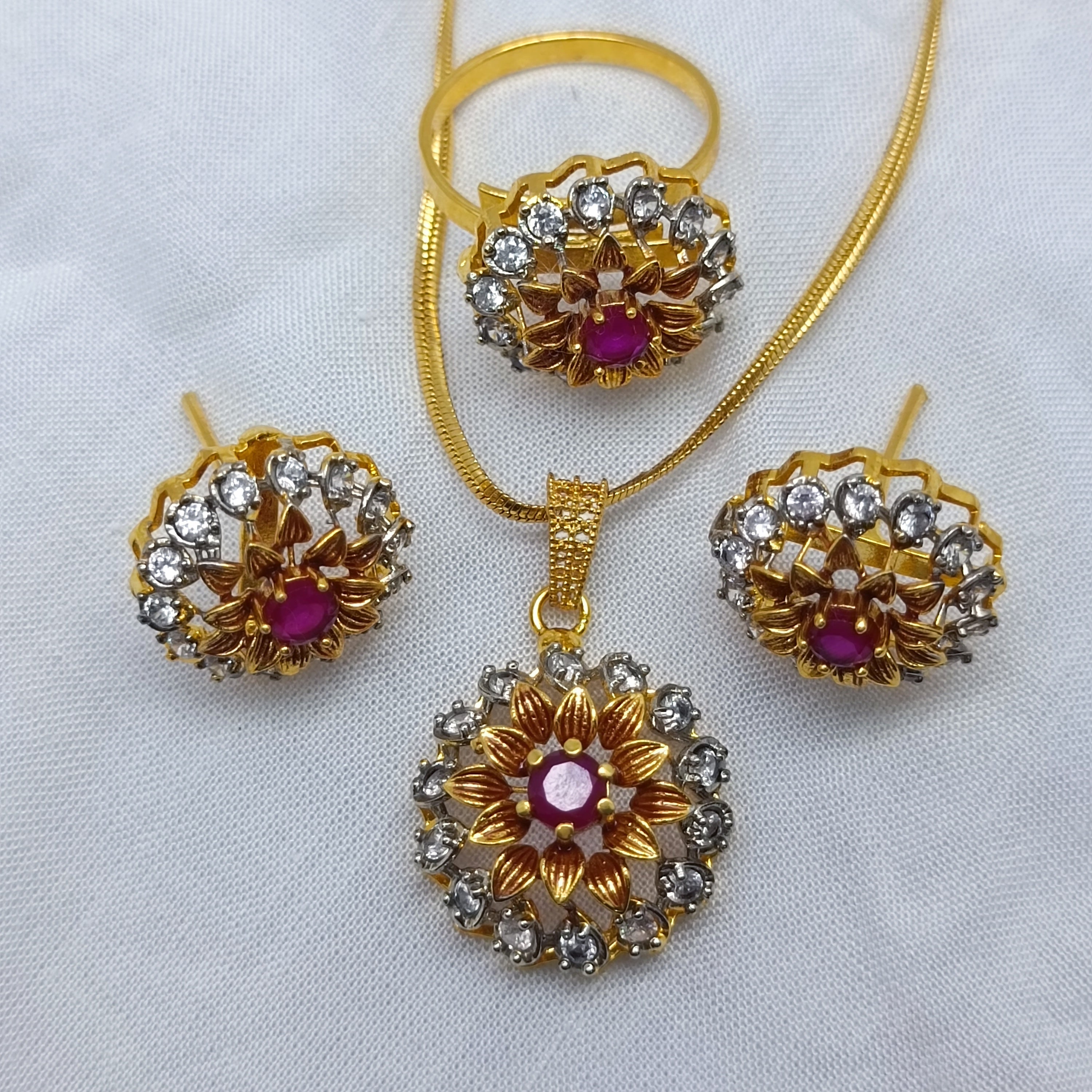 Gold Plated Ruby & Zircon Flower Jewelry Set
