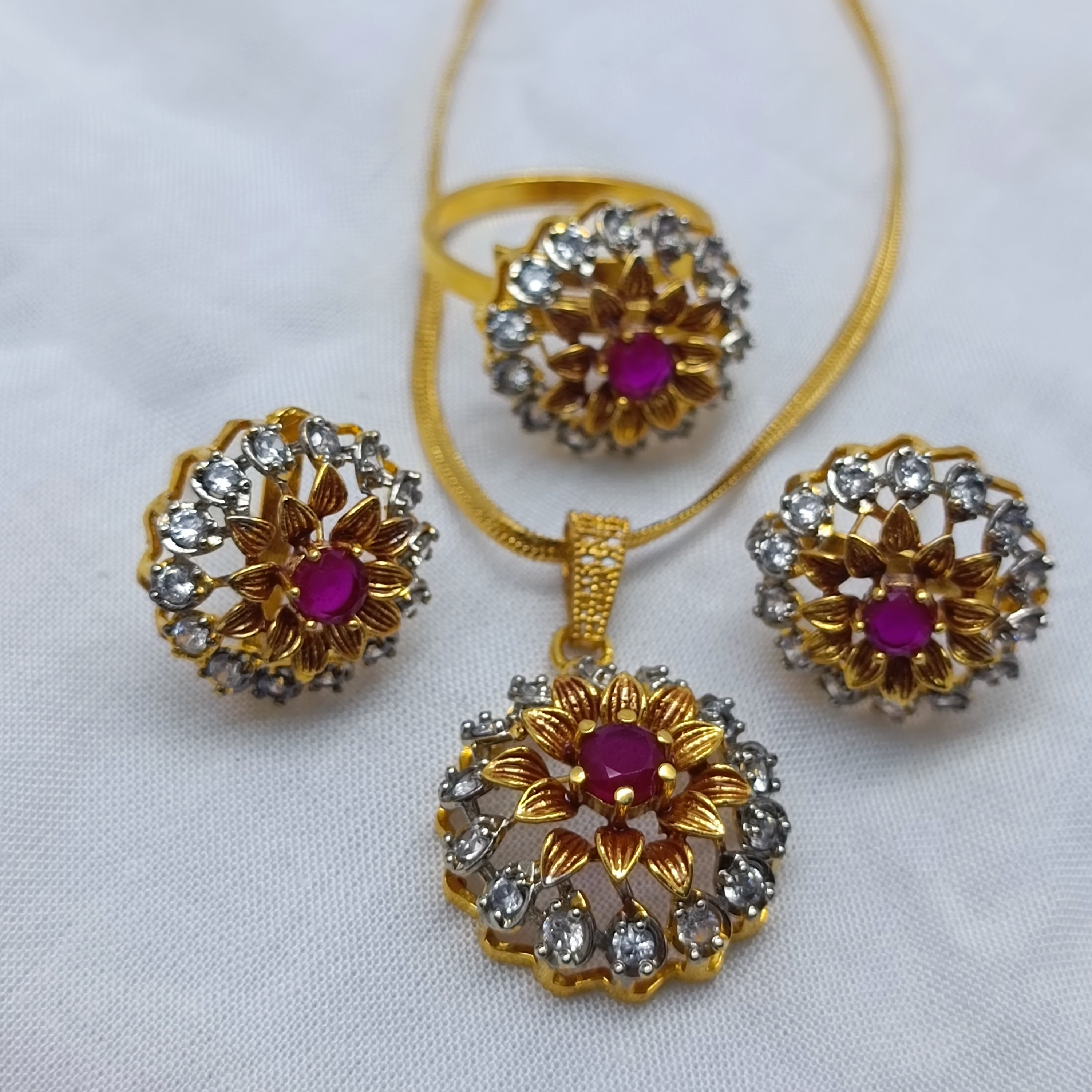 Gold Plated Ruby & Zircon Flower Jewelry Set